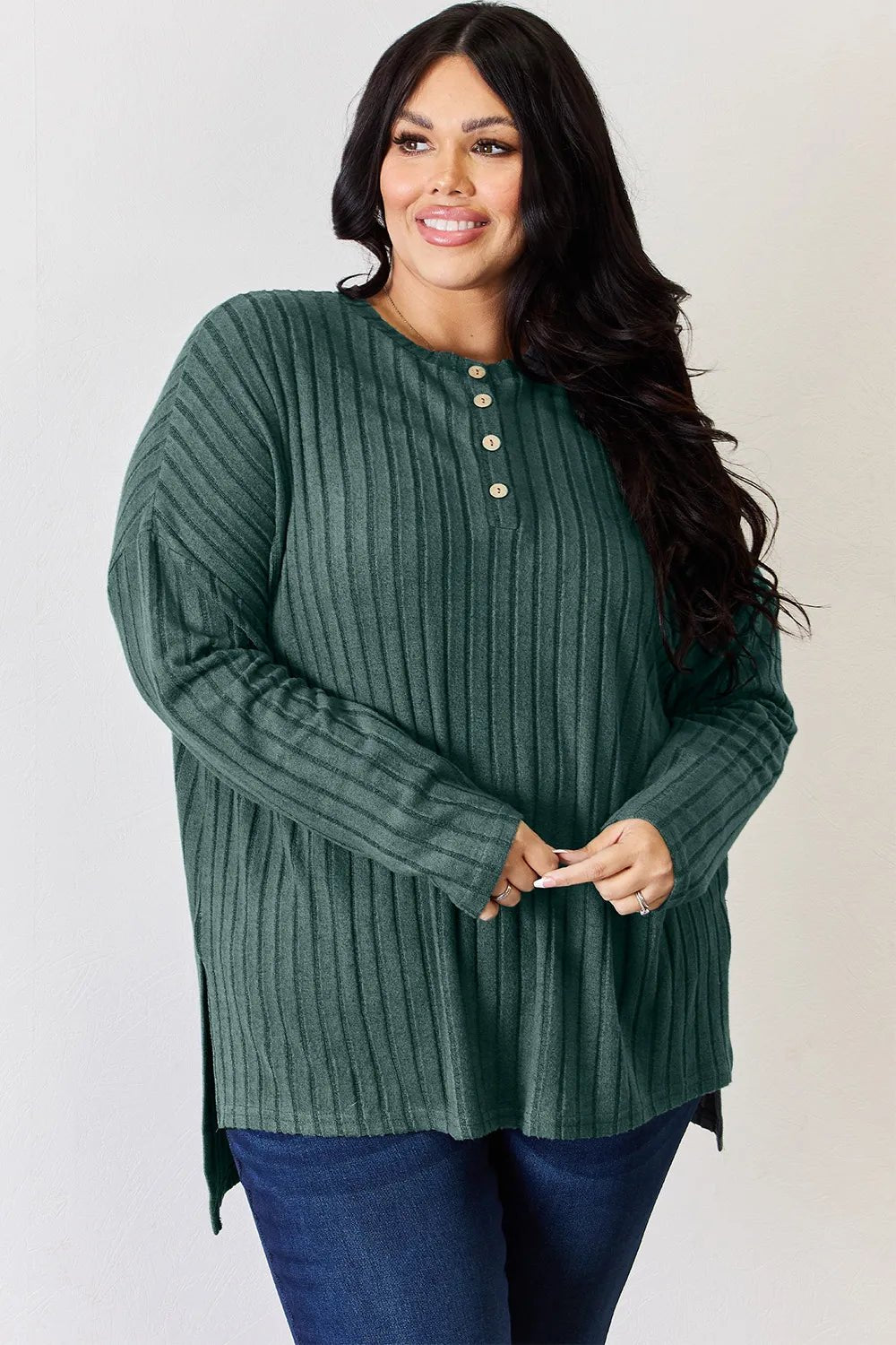 Basic Bae Full Size Ribbed Half Button Long Sleeve High-Low T-Shirt - Desert Sunday