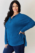 Basic Bae Full Size Ribbed Half Button Long Sleeve High-Low T-Shirt - Desert Sunday