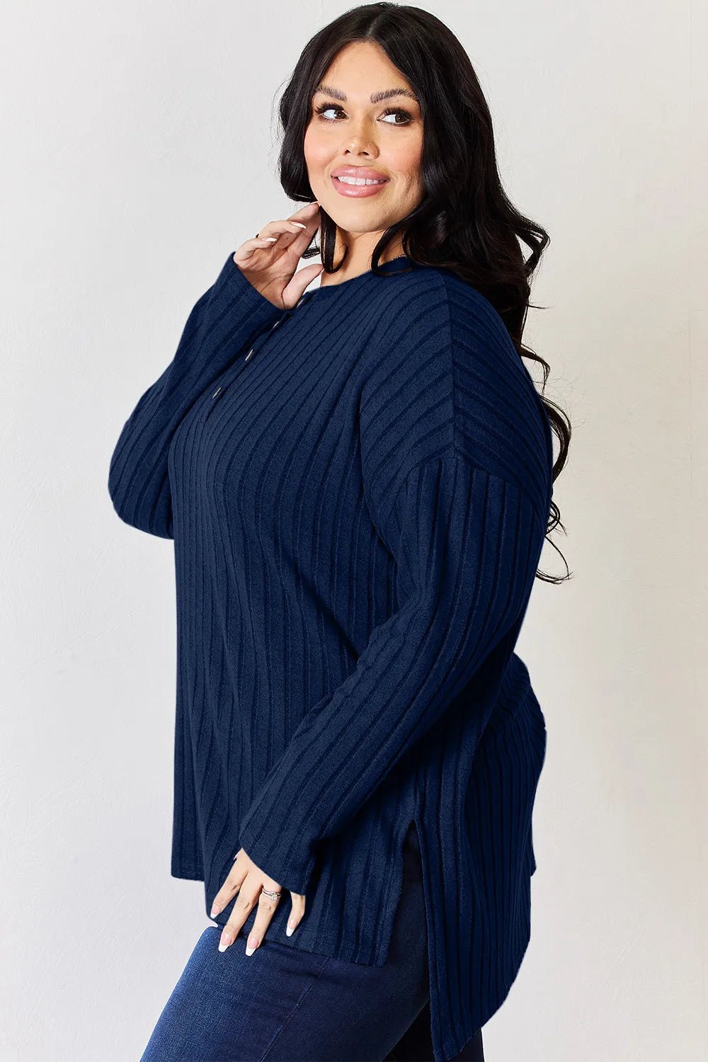 Basic Bae Full Size Ribbed Half Button Long Sleeve High-Low T-Shirt - Desert Sunday