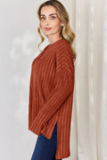 Basic Bae Full Size Ribbed Half Button Long Sleeve High-Low T-Shirt - Desert Sunday
