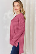 Basic Bae Full Size Ribbed Half Button Long Sleeve High-Low T-Shirt - Desert Sunday