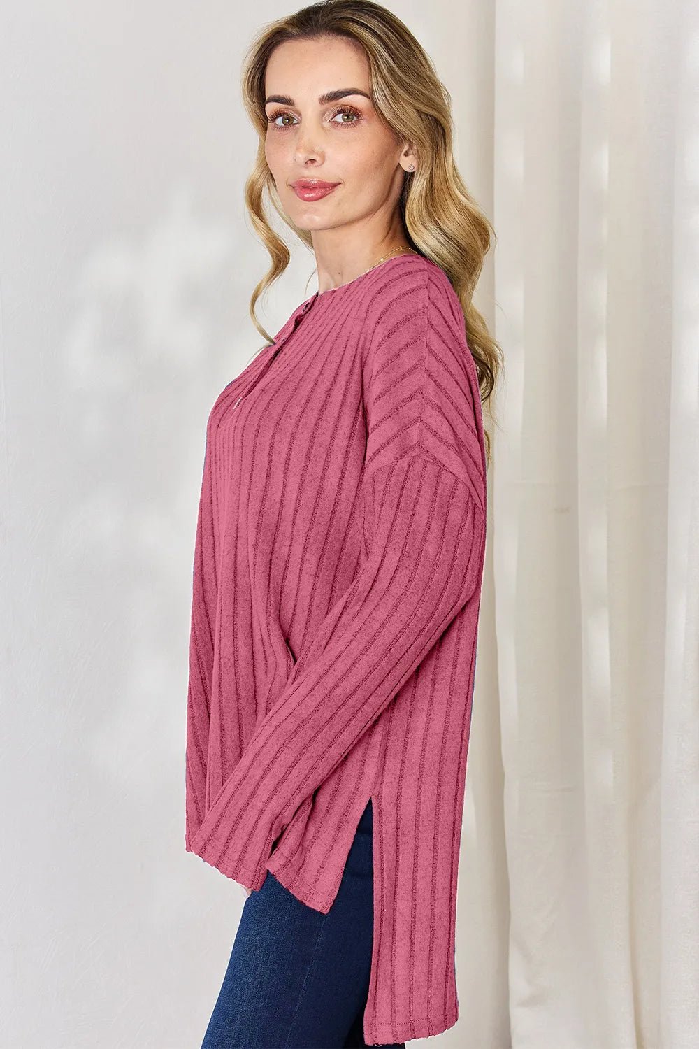 Basic Bae Full Size Ribbed Half Button Long Sleeve High-Low T-Shirt - Desert Sunday