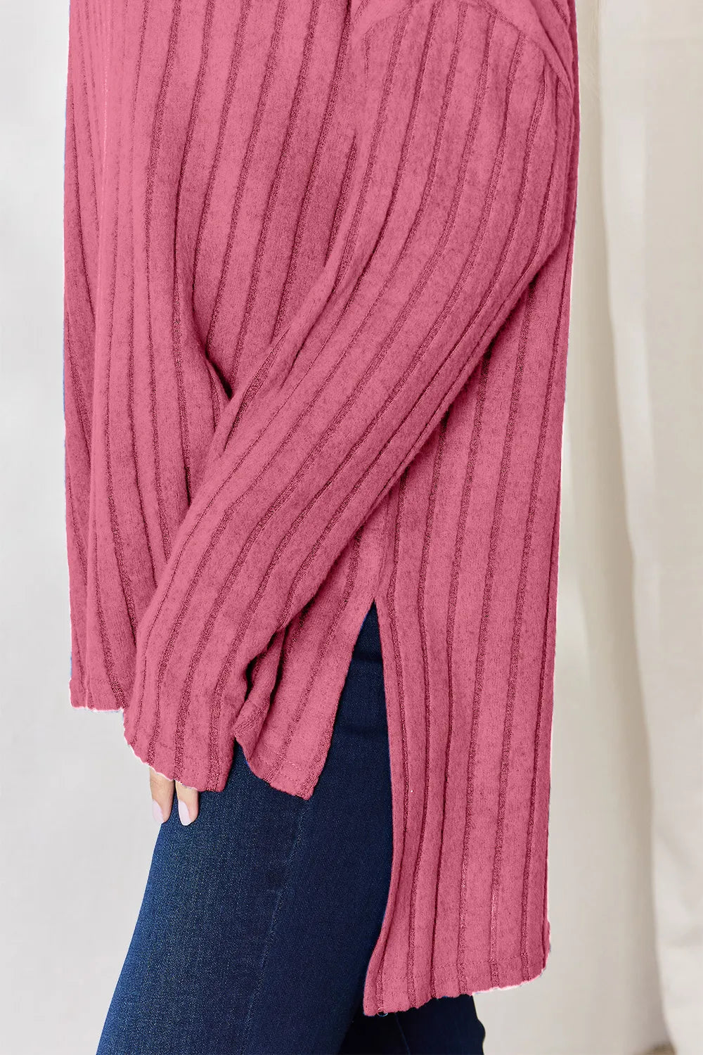 Basic Bae Full Size Ribbed Half Button Long Sleeve High-Low T-Shirt - Desert Sunday