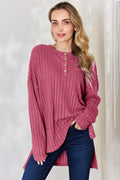 Basic Bae Full Size Ribbed Half Button Long Sleeve High-Low T-Shirt - Desert Sunday