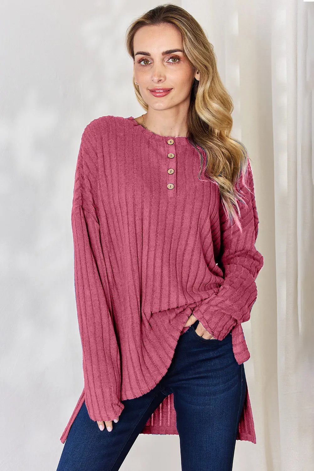 Basic Bae Full Size Ribbed Half Button Long Sleeve High-Low T-Shirt - Desert Sunday