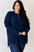 Basic Bae Full Size Ribbed Half Button Long Sleeve High-Low T-Shirt - Desert Sunday