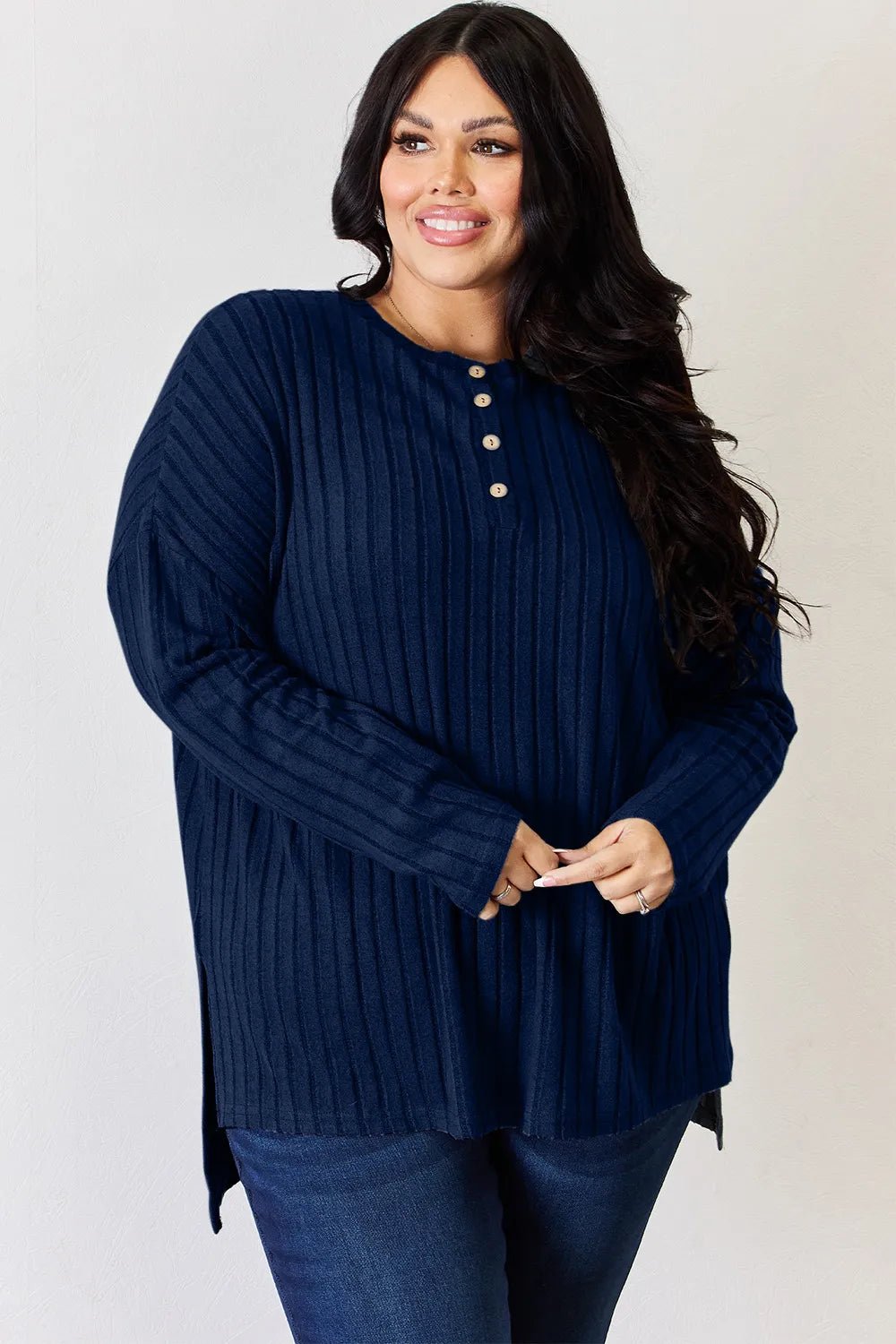 Basic Bae Full Size Ribbed Half Button Long Sleeve High-Low T-Shirt - Desert Sunday