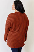 Basic Bae Full Size Ribbed Half Button Long Sleeve High-Low T-Shirt - Desert Sunday