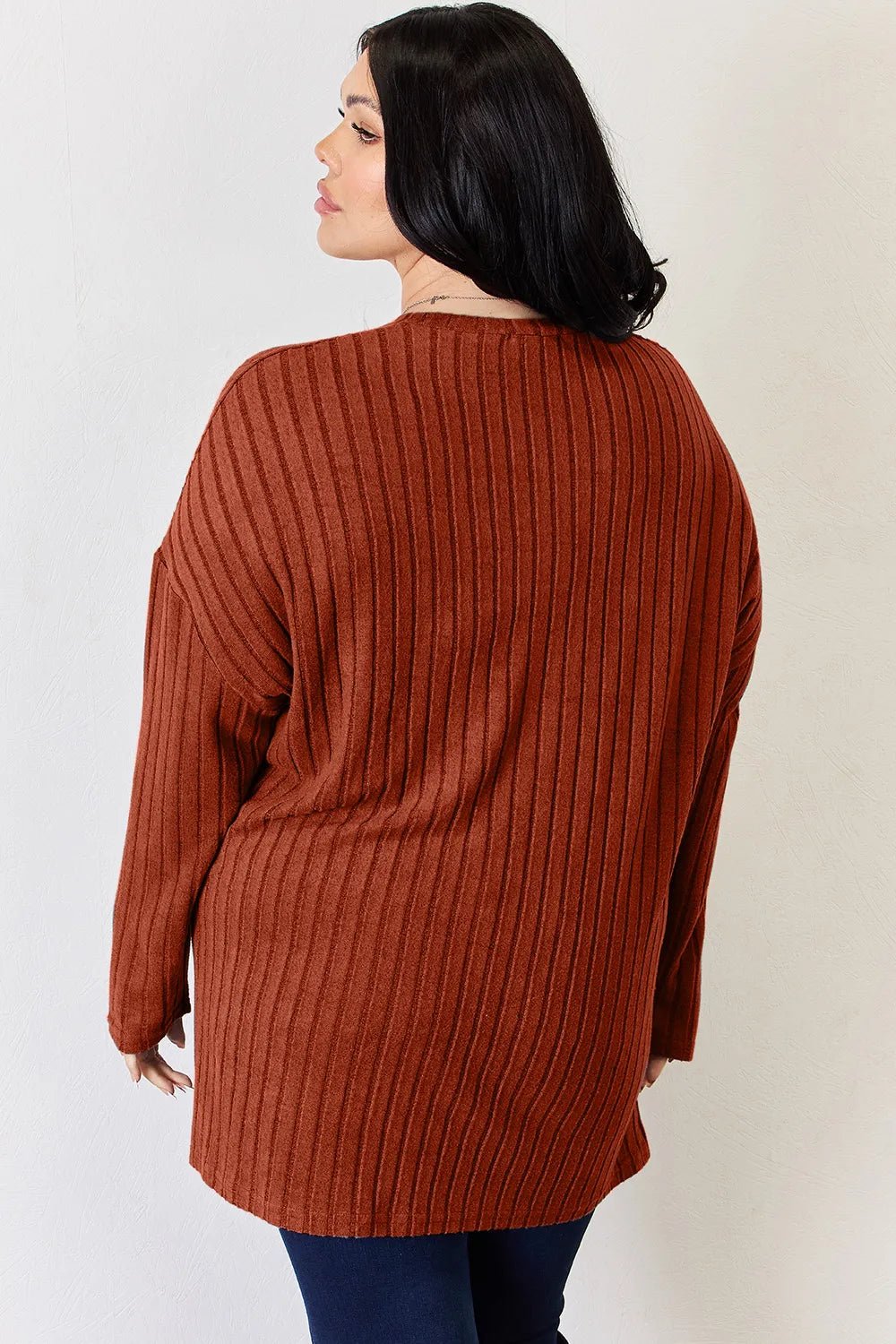 Basic Bae Full Size Ribbed Half Button Long Sleeve High-Low T-Shirt - Desert Sunday