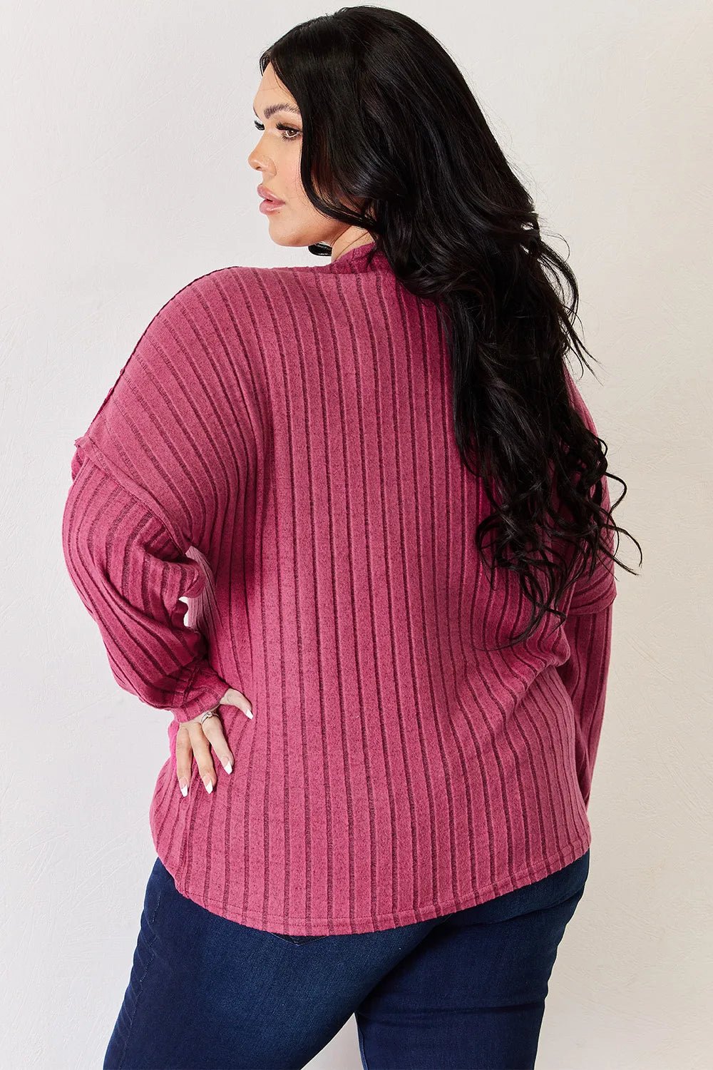 Basic Bae Full Size Ribbed Half Button Long Sleeve High-Low T-Shirt - Desert Sunday