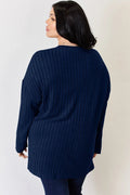 Basic Bae Full Size Ribbed Half Button Long Sleeve High-Low T-Shirt - Desert Sunday