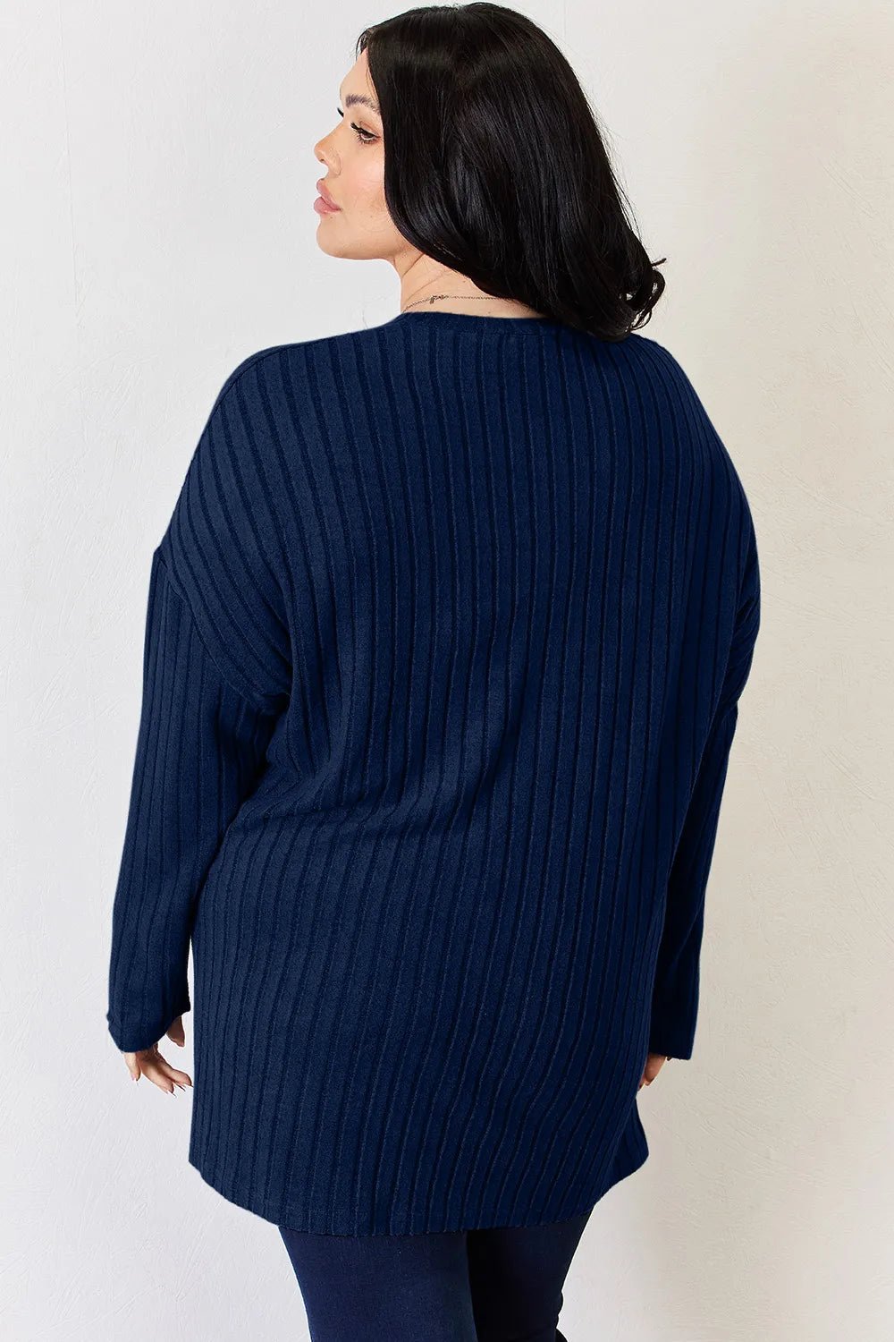 Basic Bae Full Size Ribbed Half Button Long Sleeve High-Low T-Shirt - Desert Sunday