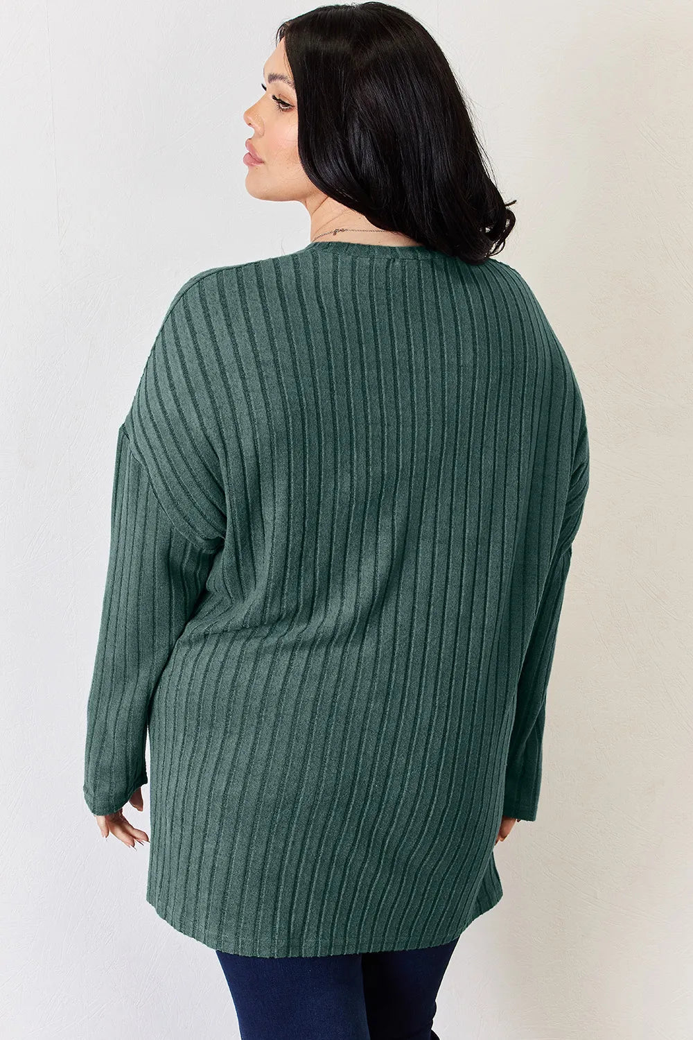 Basic Bae Full Size Ribbed Half Button Long Sleeve High-Low T-Shirt - Desert Sunday