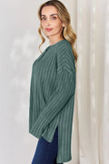 Basic Bae Full Size Ribbed Half Button Long Sleeve High-Low T-Shirt - Desert Sunday