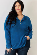 Basic Bae Full Size Ribbed Half Button Long Sleeve High-Low T-Shirt - Desert Sunday
