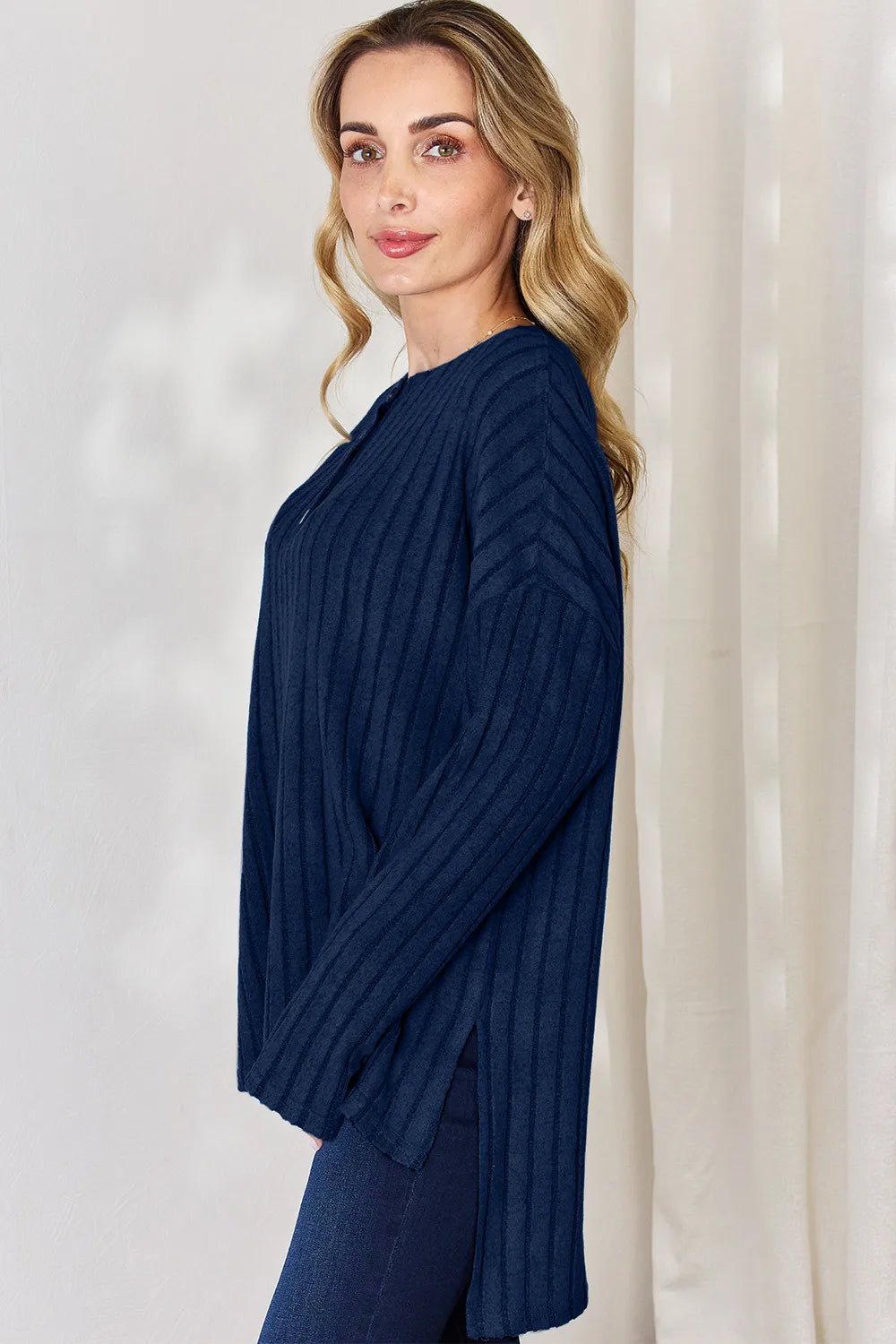 Basic Bae Full Size Ribbed Half Button Long Sleeve High-Low T-Shirt - Desert Sunday