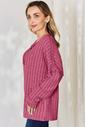 Basic Bae Full Size Ribbed Half Button Long Sleeve T-Shirt - Desert Sunday
