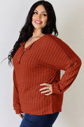 Basic Bae Full Size Ribbed Half Button Long Sleeve T-Shirt - Desert Sunday