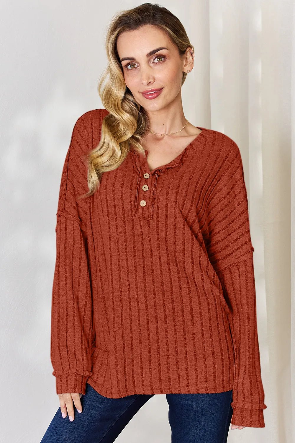 Basic Bae Full Size Ribbed Half Button Long Sleeve T-Shirt - Desert Sunday