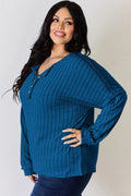 Basic Bae Full Size Ribbed Half Button Long Sleeve T-Shirt - Desert Sunday