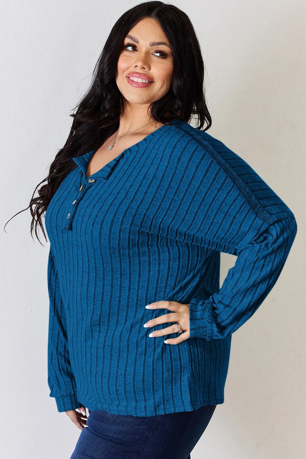 Basic Bae Full Size Ribbed Half Button Long Sleeve T-Shirt - Desert Sunday