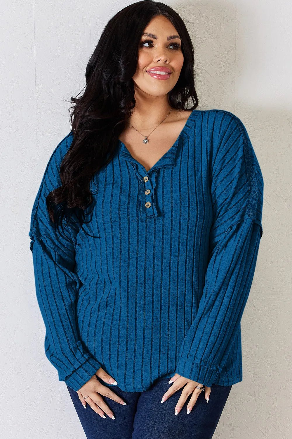 Basic Bae Full Size Ribbed Half Button Long Sleeve T-Shirt - Desert Sunday
