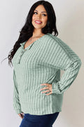 Basic Bae Full Size Ribbed Half Button Long Sleeve T-Shirt - Desert Sunday