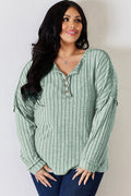 Basic Bae Full Size Ribbed Half Button Long Sleeve T-Shirt - Desert Sunday