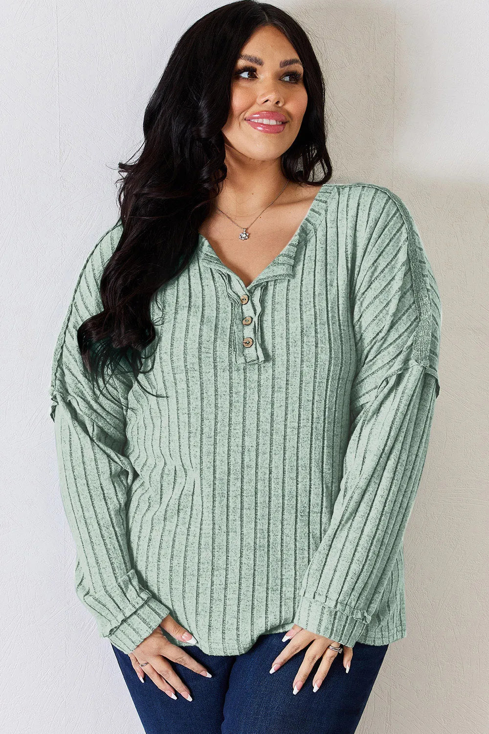 Basic Bae Full Size Ribbed Half Button Long Sleeve T-Shirt - Desert Sunday