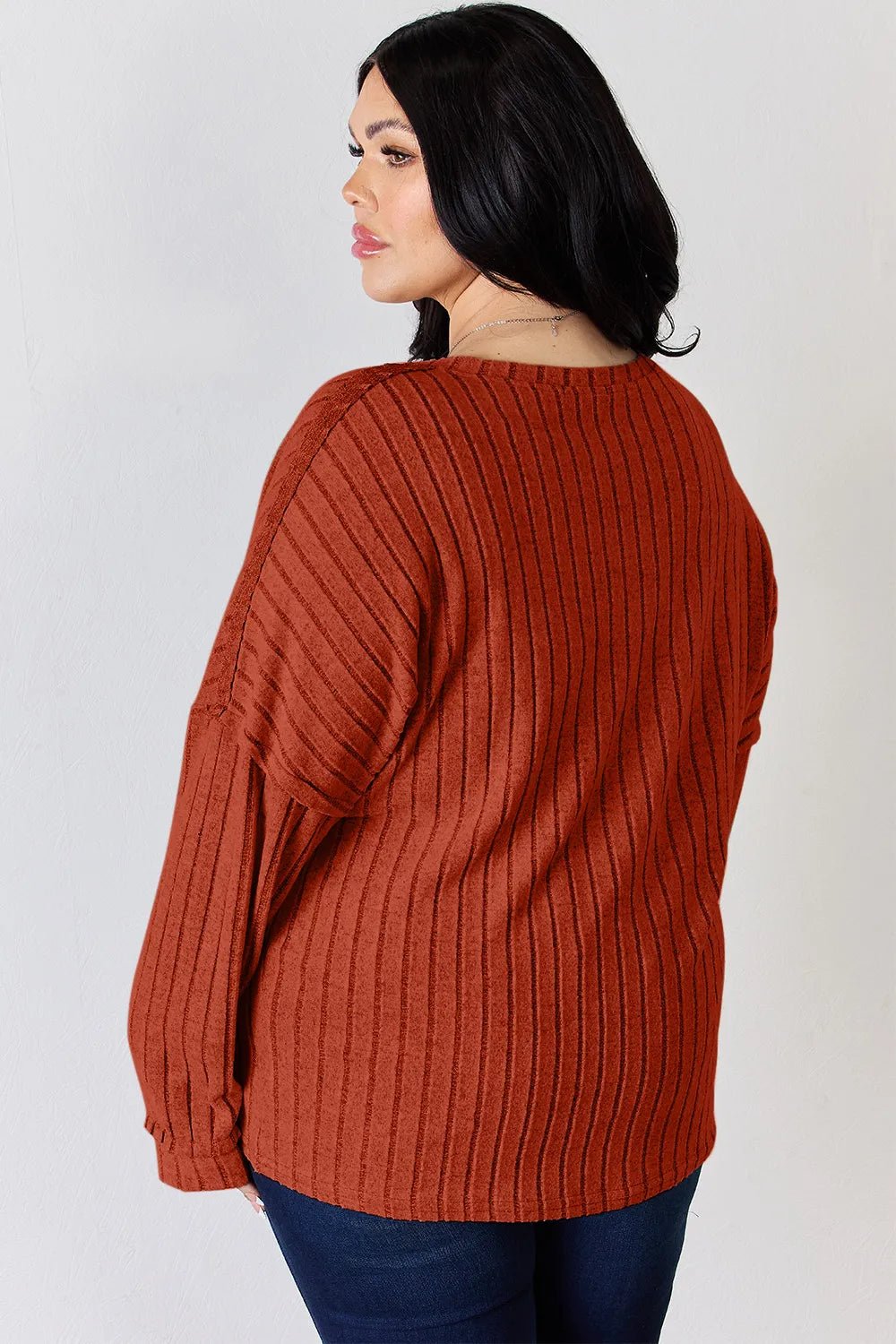 Basic Bae Full Size Ribbed Half Button Long Sleeve T-Shirt - Desert Sunday
