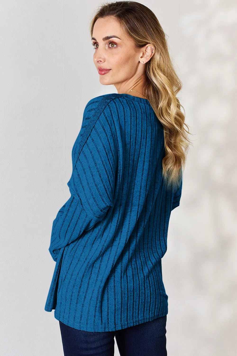 Basic Bae Full Size Ribbed Half Button Long Sleeve T-Shirt - Desert Sunday