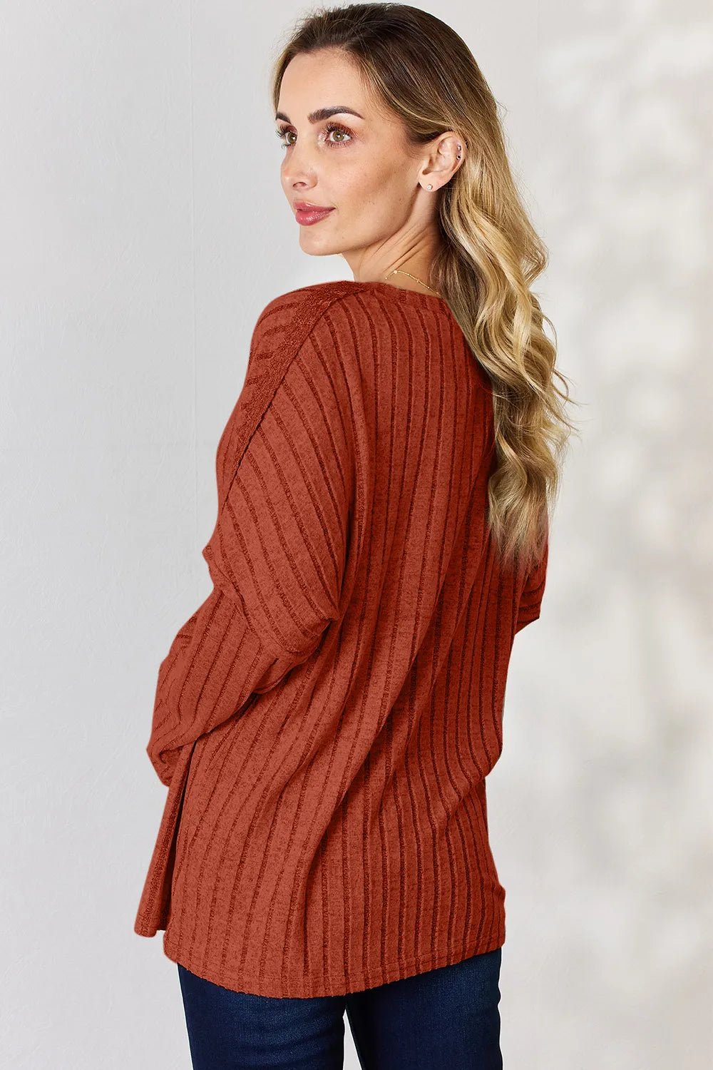 Basic Bae Full Size Ribbed Half Button Long Sleeve T-Shirt - Desert Sunday