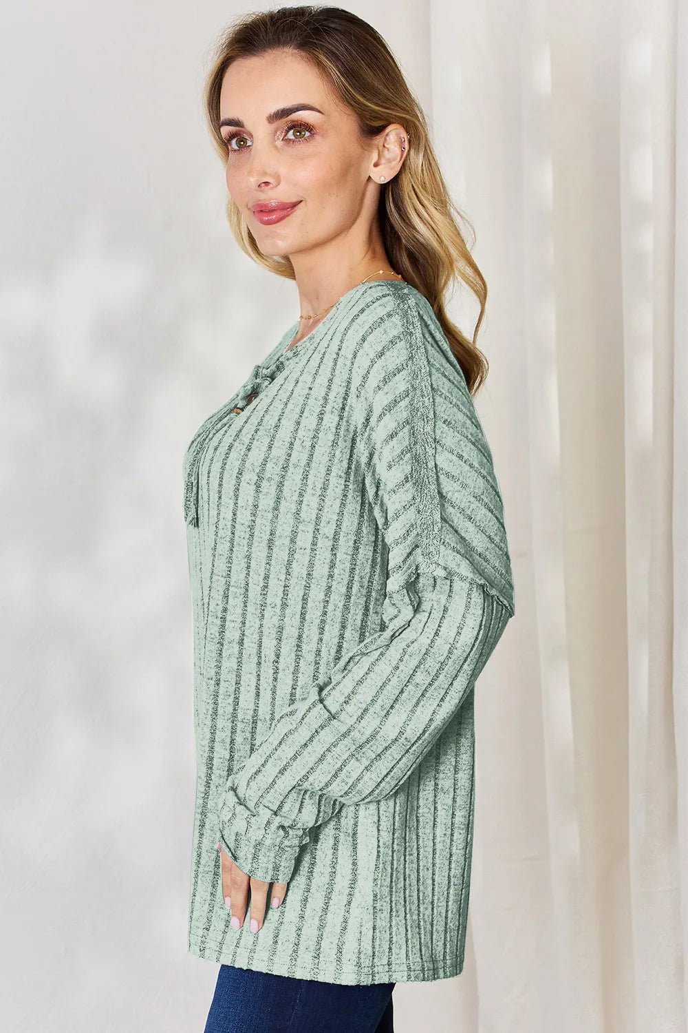 Basic Bae Full Size Ribbed Half Button Long Sleeve T-Shirt - Desert Sunday