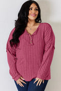 Basic Bae Full Size Ribbed Half Button Long Sleeve T-Shirt - Desert Sunday