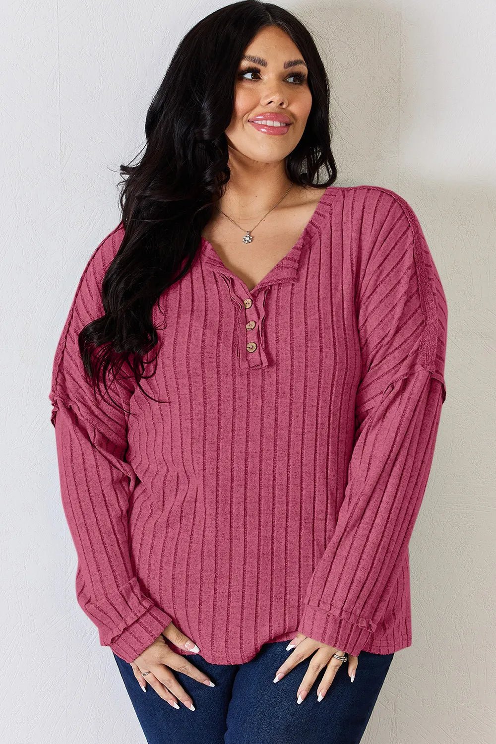 Basic Bae Full Size Ribbed Half Button Long Sleeve T-Shirt - Desert Sunday