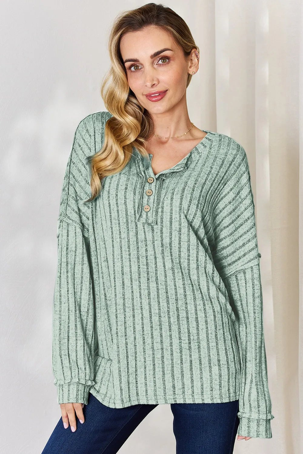 Basic Bae Full Size Ribbed Half Button Long Sleeve T-Shirt - Desert Sunday