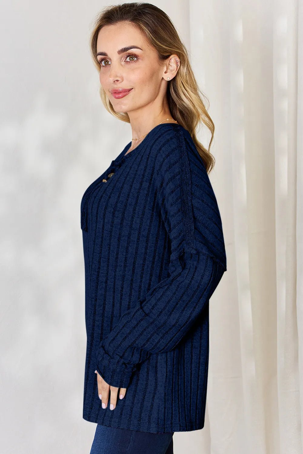 Basic Bae Full Size Ribbed Half Button Long Sleeve T-Shirt - Desert Sunday