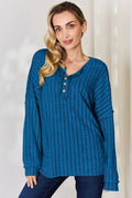 Basic Bae Full Size Ribbed Half Button Long Sleeve T-Shirt - Desert Sunday