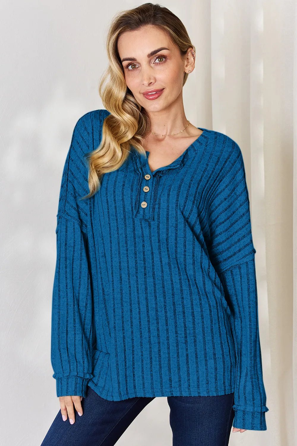 Basic Bae Full Size Ribbed Half Button Long Sleeve T-Shirt - Desert Sunday