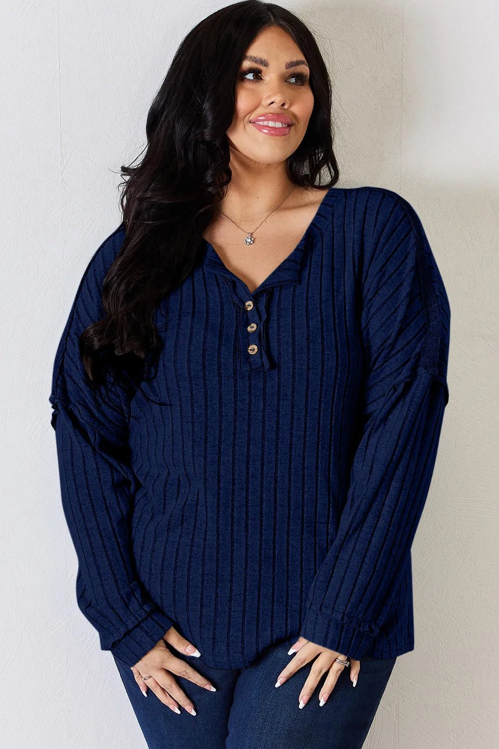Basic Bae Full Size Ribbed Half Button Long Sleeve T-Shirt - Desert Sunday