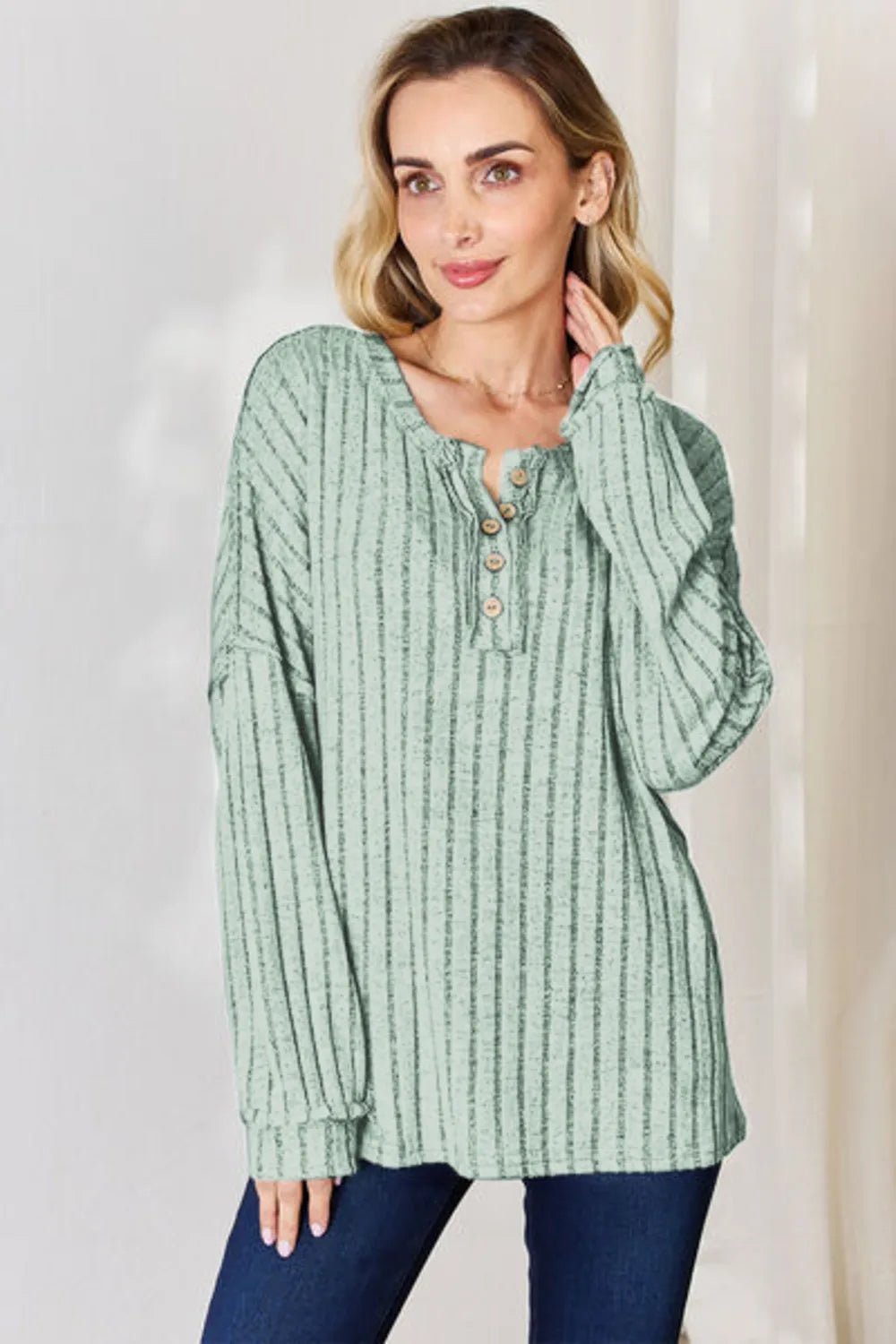Basic Bae Full Size Ribbed Half Button Long Sleeve T-Shirt - Desert Sunday