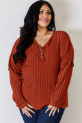 Basic Bae Full Size Ribbed Half Button Long Sleeve T-Shirt - Desert Sunday