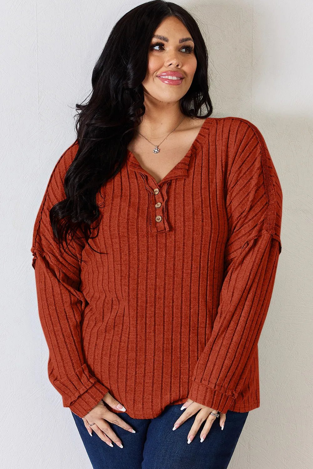 Basic Bae Full Size Ribbed Half Button Long Sleeve T-Shirt - Desert Sunday