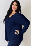 Basic Bae Full Size Ribbed Half Button Long Sleeve T-Shirt - Desert Sunday