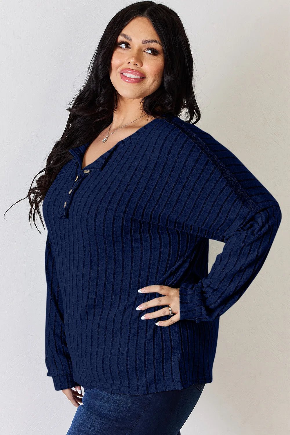 Basic Bae Full Size Ribbed Half Button Long Sleeve T-Shirt - Desert Sunday