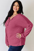 Basic Bae Full Size Ribbed Half Button Long Sleeve T-Shirt - Desert Sunday