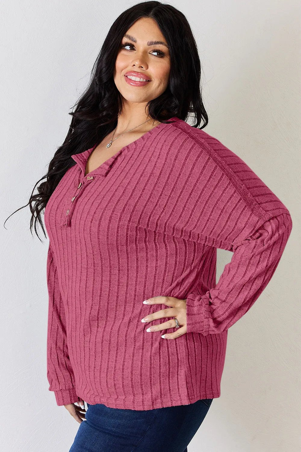 Basic Bae Full Size Ribbed Half Button Long Sleeve T-Shirt - Desert Sunday