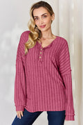 Basic Bae Full Size Ribbed Half Button Long Sleeve T-Shirt - Desert Sunday