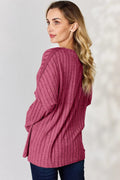 Basic Bae Full Size Ribbed Half Button Long Sleeve T-Shirt - Desert Sunday