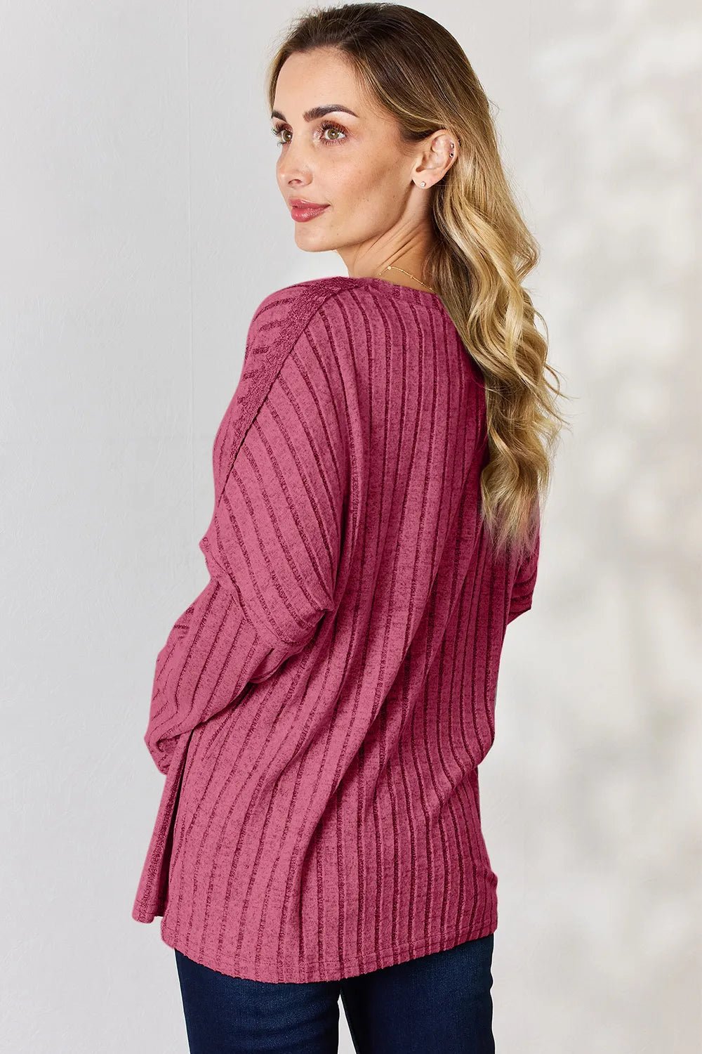 Basic Bae Full Size Ribbed Half Button Long Sleeve T-Shirt - Desert Sunday